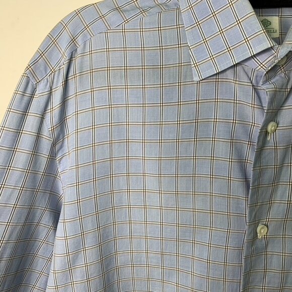 Borrelli Napoli Men's Blue Plaid Long Sleeve Button Down Shirt Size 15 1/2 - Picture 4 of 16